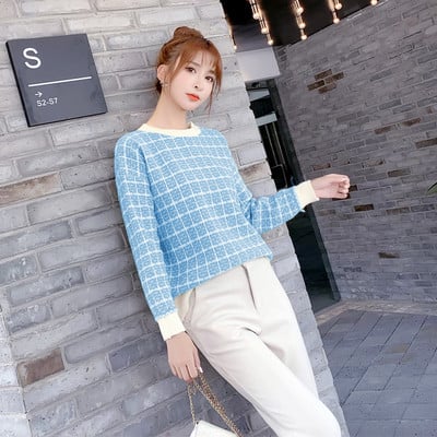 Νέο μοντέλο καρό γυναικείο πουλόβερ σε πράσινο, μπλε, λευκό και ροζ με O-λαιμόκοψη