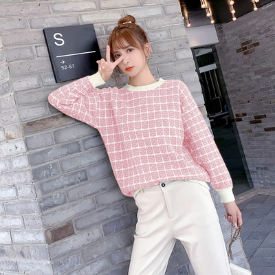 Νέο μοντέλο καρό γυναικείο πουλόβερ σε πράσινο, μπλε, λευκό και ροζ με O-λαιμόκοψη