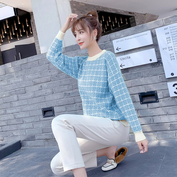 Νέο μοντέλο καρό γυναικείο πουλόβερ  σε πράσινο, μπλε, λευκό και ροζ με O-λαιμόκοψη