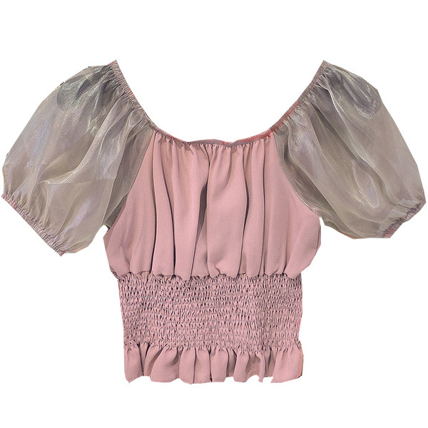 Bluză de damă modernă cu decolteu pătrat în alb, roz și negru