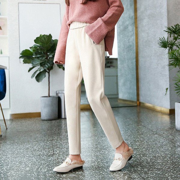 Pantaloni de dama la moda cu talie inalta si buzunare in negru, bej si gri