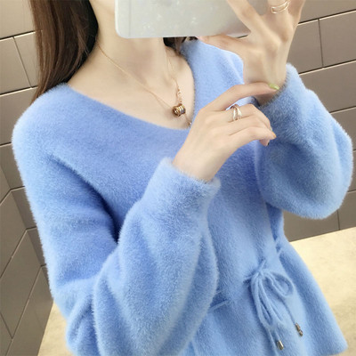 Απαλό γυναικείο πουλόβερ με λαιμόκοψη V και κορδόνια σε κόκκινο, λευκό, μπλε, μπεζ και πράσινο χρώμα