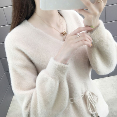 Απαλό γυναικείο πουλόβερ με λαιμόκοψη V και κορδόνια σε κόκκινο, λευκό, μπλε, μπεζ και πράσινο χρώμα