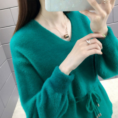 Απαλό γυναικείο πουλόβερ με λαιμόκοψη V και κορδόνια σε κόκκινο, λευκό, μπλε, μπεζ και πράσινο χρώμα