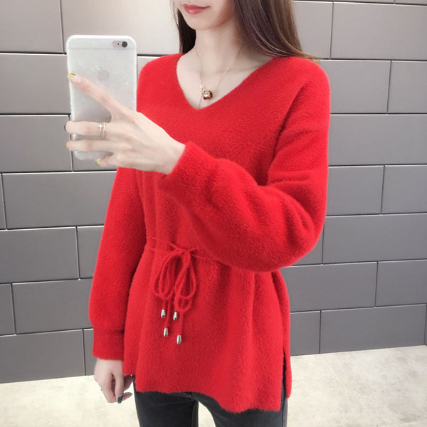 Απαλό γυναικείο πουλόβερ με λαιμόκοψη V και κορδόνια σε κόκκινο, λευκό, μπλε, μπεζ και πράσινο χρώμα