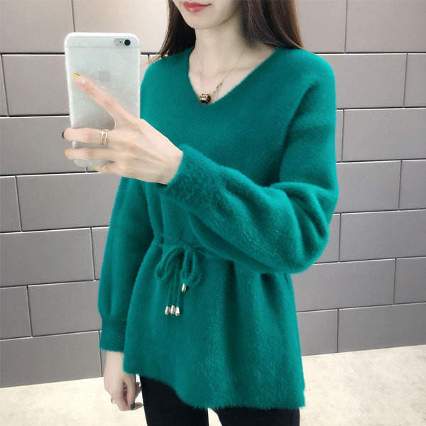 Απαλό γυναικείο πουλόβερ με λαιμόκοψη V και κορδόνια σε κόκκινο, λευκό, μπλε, μπεζ και πράσινο χρώμα