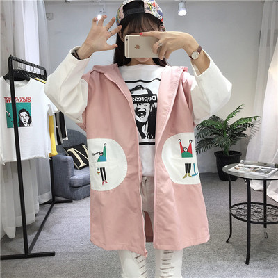 Jachetă lungă de toamnă modernă pentru femei, cu glugă și aplicație în verde, roz și negru