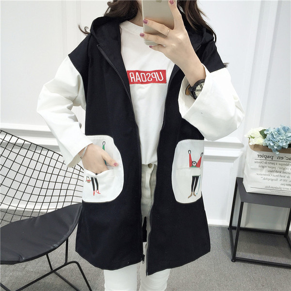 Jachetă lungă de toamnă modernă pentru femei, cu glugă și aplicație în verde, roz și negru