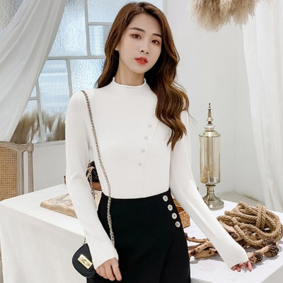 Modern női pulóver alacsony pólógallérral, kék, fekete, zöld, fehér és bézs színekben