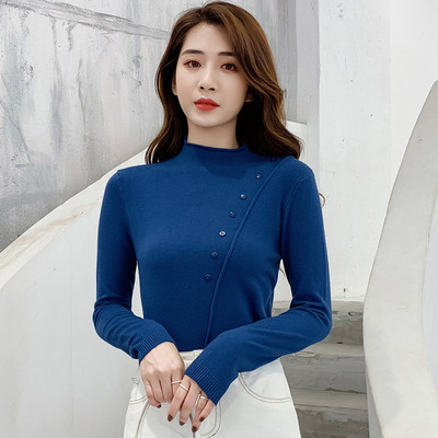 Modern női pulóver alacsony pólógallérral, kék, fekete, zöld, fehér és bézs színekben