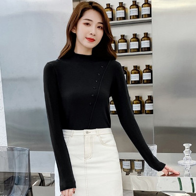 Modern női pulóver alacsony pólógallérral, kék, fekete, zöld, fehér és bézs színekben