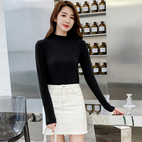 Modern női pulóver alacsony pólógallérral, kék, fekete, zöld, fehér és bézs színekben