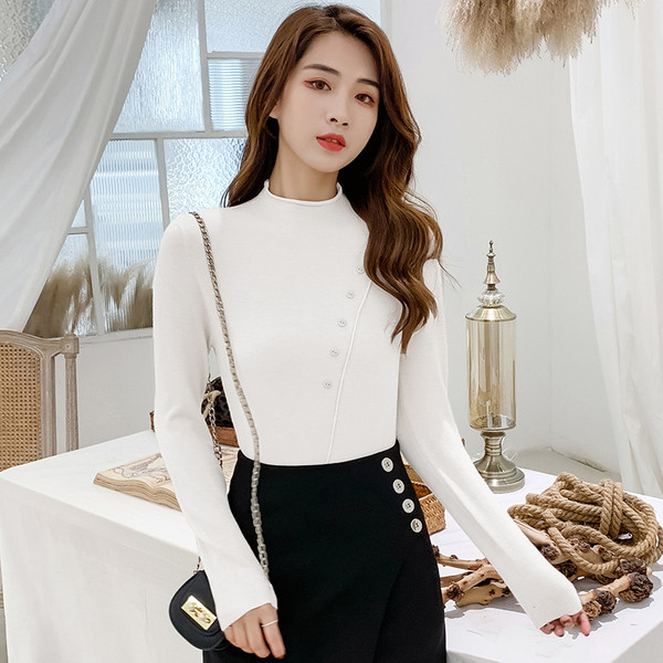 Modern női pulóver alacsony pólógallérral, kék, fekete, zöld, fehér és bézs színekben