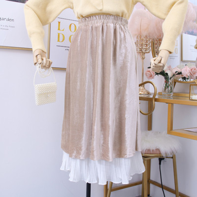 Μοντέρνο  γυναικεία φούστα από  βελούδο σε μπεζ, μπλε, μαύρο και ροζ χρώμα