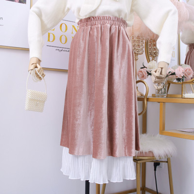 Μοντέρνο  γυναικεία φούστα από  βελούδο σε μπεζ, μπλε, μαύρο και ροζ χρώμα