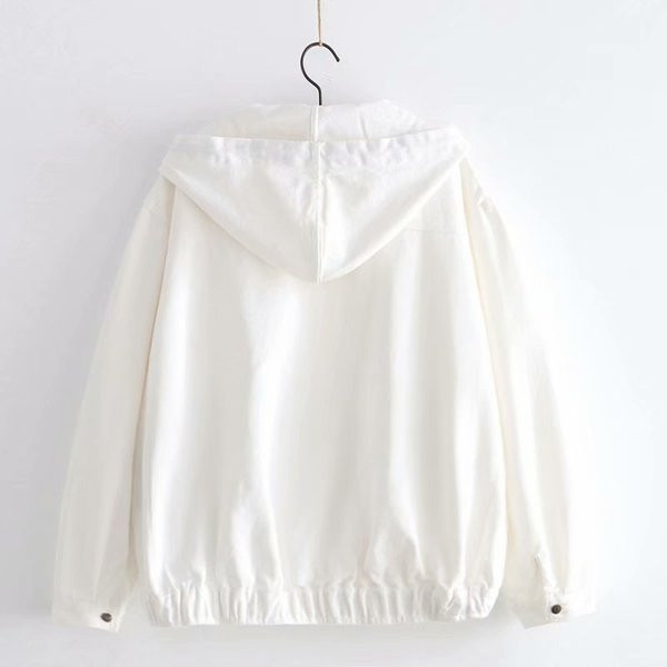 Geaca de toamna casual de dama cu gluga si aplicatie in alb si roz