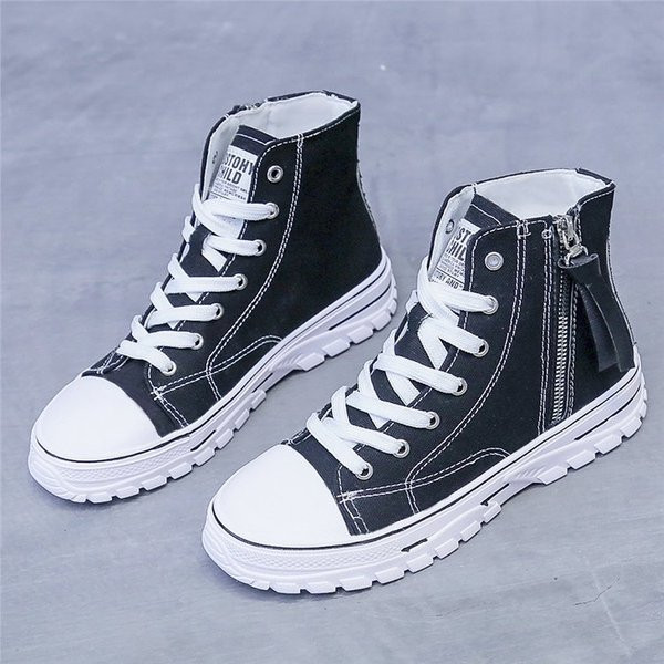 Adidasi casual dama cu sireturi si fermoar in alb-negru