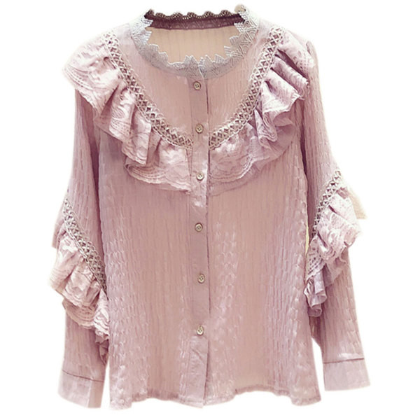 Cămașă elegantă de damă cu nasturi și decolteu oval în alb și violet