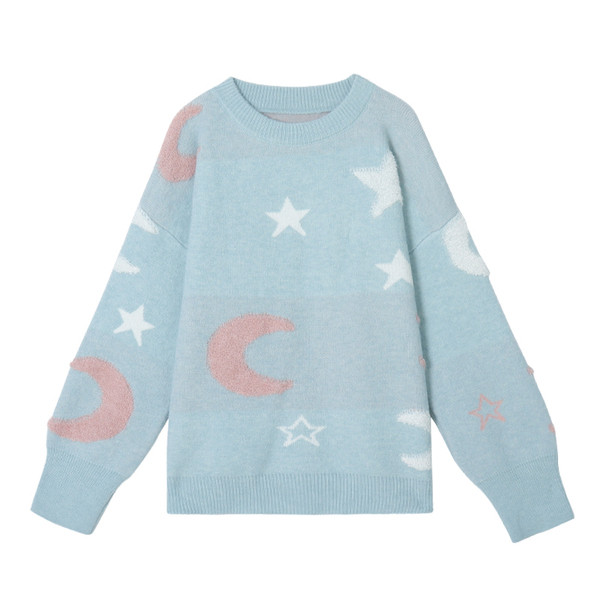 Pulover de dama lat cu decolteu oval in albastru, roz si alb