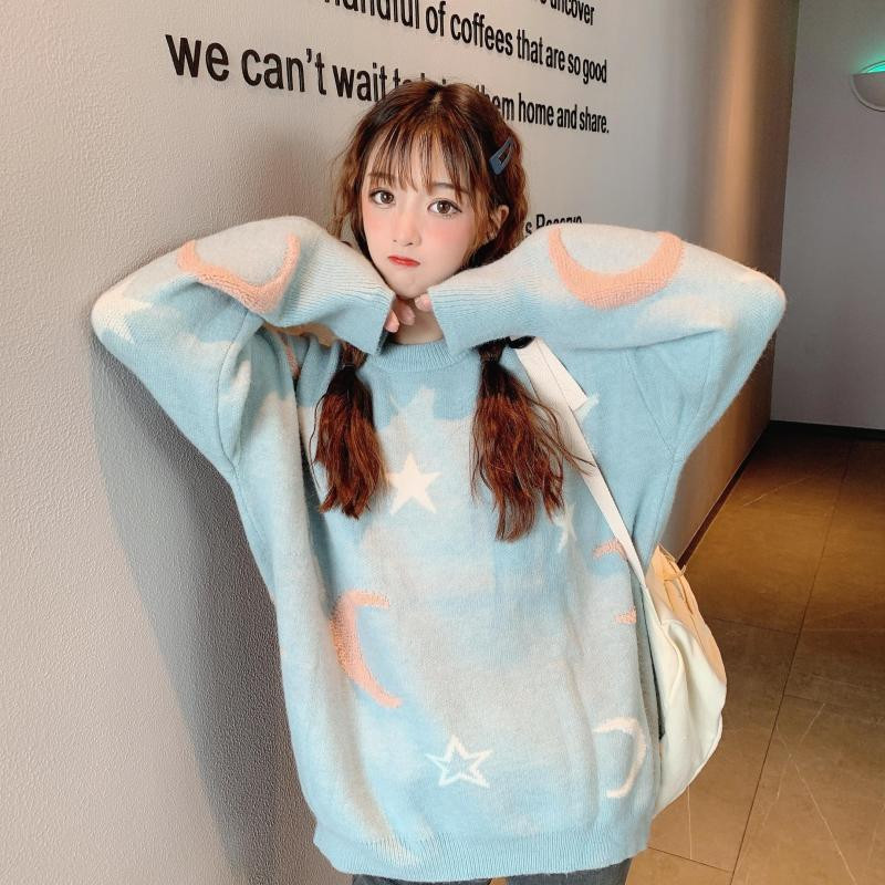 Pulover de dama lat cu decolteu oval in albastru, roz si alb