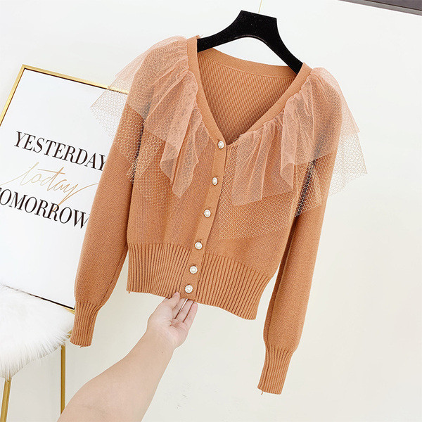 Μοντέρνα γυναικεία ζακέτα με λαιμόκοψη και τούλι σε διάφορα χρώματα