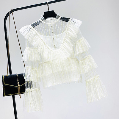 Bluză de damă din dantelă cu mâneci lotus în alb, negru și galben