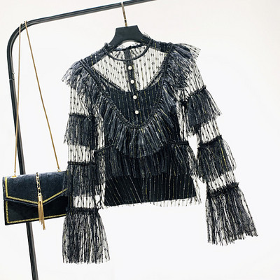 Bluză de damă din dantelă cu mâneci lotus în alb, negru și galben