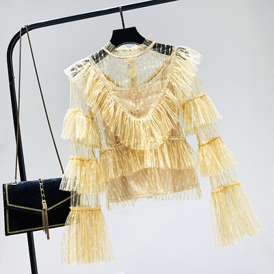 Bluză de damă din dantelă cu mâneci lotus în alb, negru și galben