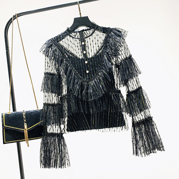 Bluză de damă din dantelă cu mâneci lotus în alb, negru și galben