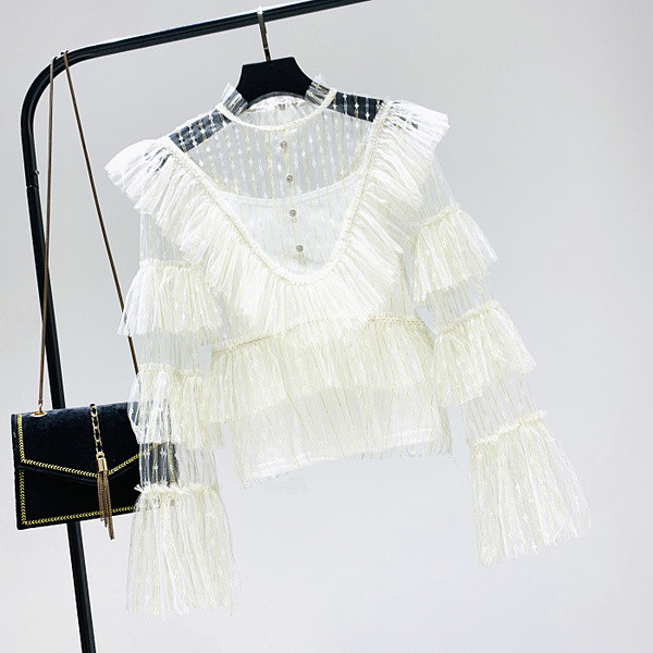 Bluză de damă din dantelă cu mâneci lotus în alb, negru și galben