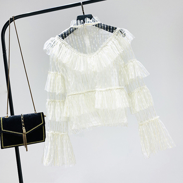 Bluză de damă din dantelă cu mâneci lotus în alb, negru și galben