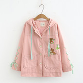 Μπουφάν γυναικείο για το φθινόπωρο με κουμπιά και κουκούλα σε μπεζ, ροζ και μπλε χρώμα