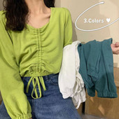 Bluza scurta casual de dama in albastru verde si alb cu cravate