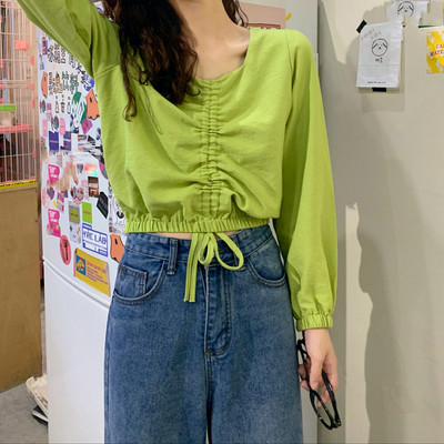 Bluza scurta casual de dama in albastru verde si alb cu cravate