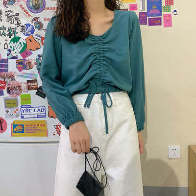 Bluza scurta casual de dama in albastru verde si alb cu cravate
