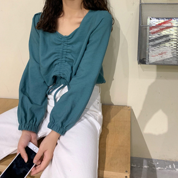 Γυναικεία κοντή μπλούζα με μπλε πράσινο και λευκό χρώμα με κορδόνια