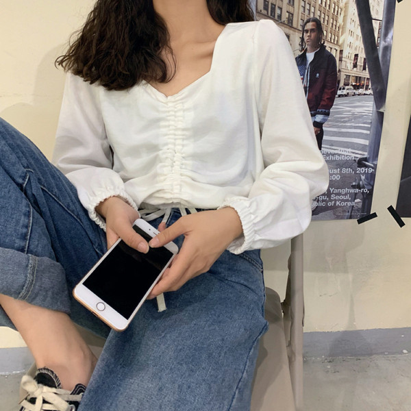 Γυναικεία κοντή μπλούζα με μπλε πράσινο και λευκό χρώμα με κορδόνια