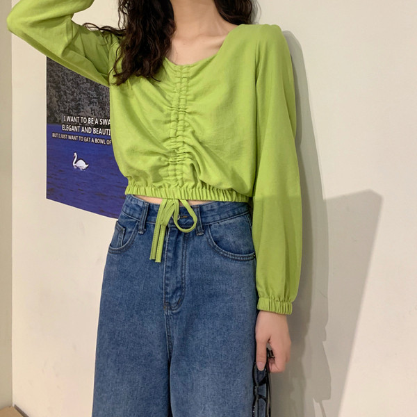 Γυναικεία κοντή μπλούζα με μπλε πράσινο και λευκό χρώμα με κορδόνια