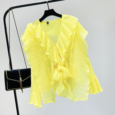 Γυναικεία κομψή μπλούζα με λαιμόκοψη στο άσπρο, ροζ και κίτρινο χρώμα