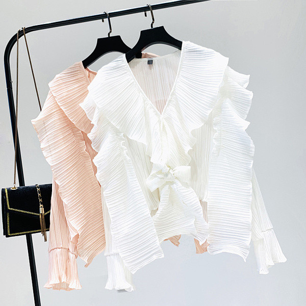 Γυναικεία κομψή μπλούζα με λαιμόκοψη στο άσπρο, ροζ και κίτρινο χρώμα