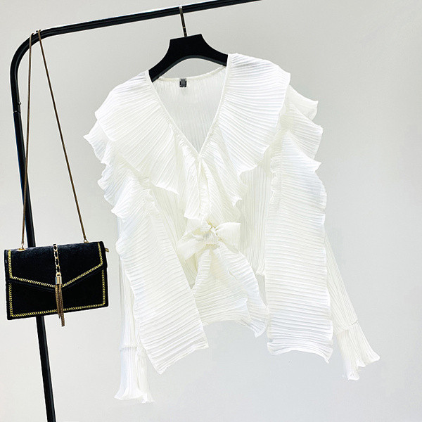 Γυναικεία κομψή μπλούζα με λαιμόκοψη στο άσπρο, ροζ και κίτρινο χρώμα