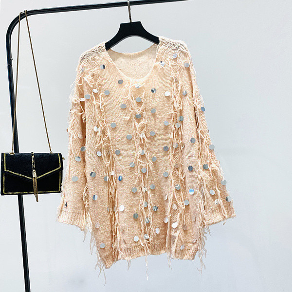 Νέο μοντέλο γυναικείο πουλόβερ με πούλιες και O-λαιμόκοψη