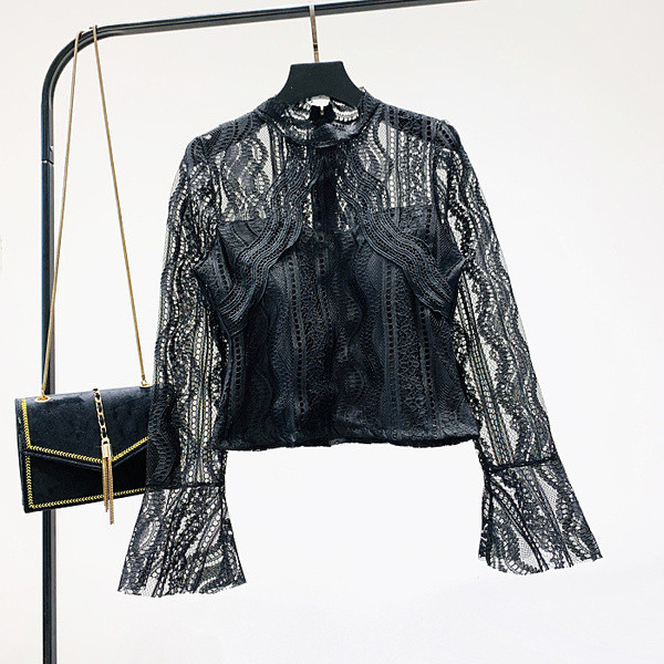 Új modell női csipke ing lótusz ujjú fehér és fekete színben