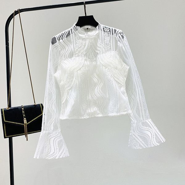 Új modell női csipke ing lótusz ujjú fehér és fekete színben