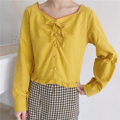 Γυναικεία κοντή μπλούζα σε δύο χρώματα με κουμπιά και κορδόνια