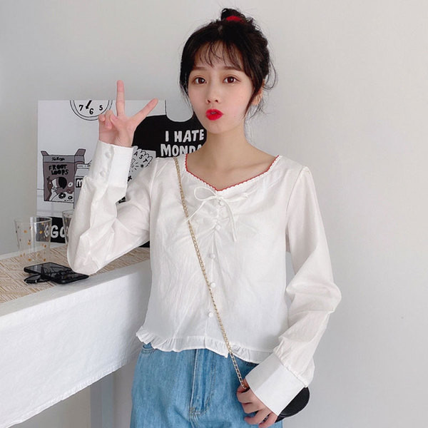 Γυναικεία κοντή μπλούζα σε δύο χρώματα με κουμπιά και κορδόνια