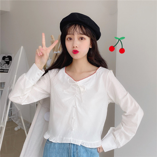 Γυναικεία κοντή μπλούζα σε δύο χρώματα με κουμπιά και κορδόνια