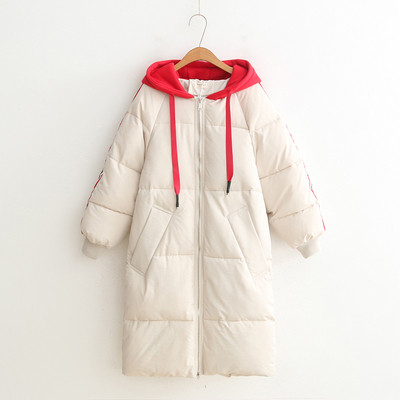 Jachetă lungă de iarnă casual de damă, cu glugă și buzunar, în alb, negru și galben