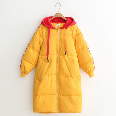 Jachetă lungă de iarnă casual de damă, cu glugă și buzunar, în alb, negru și galben