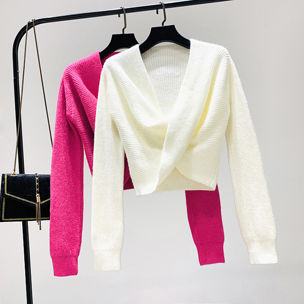 Pulover de dama model nou cu decolteu adanc Spitz in alb, portocaliu si roz